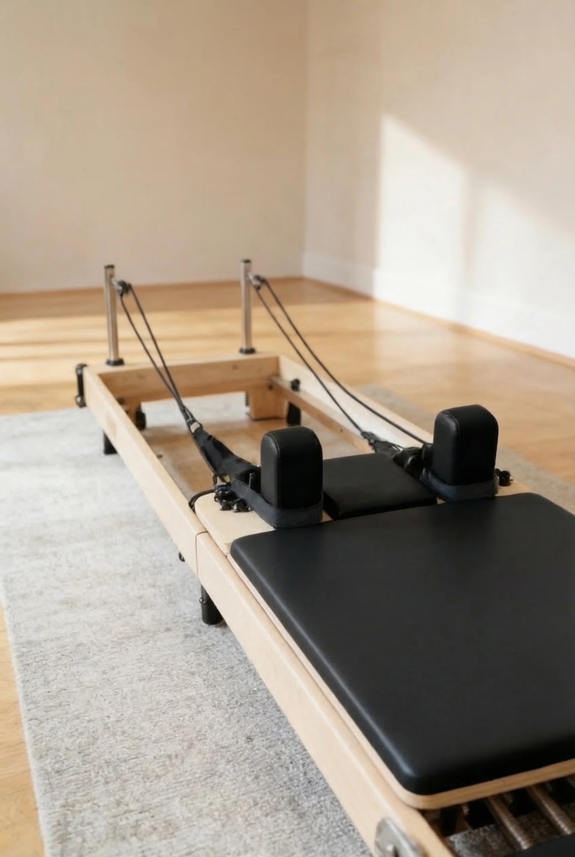 Moko foldable Pilates reformer set up in a home workout space