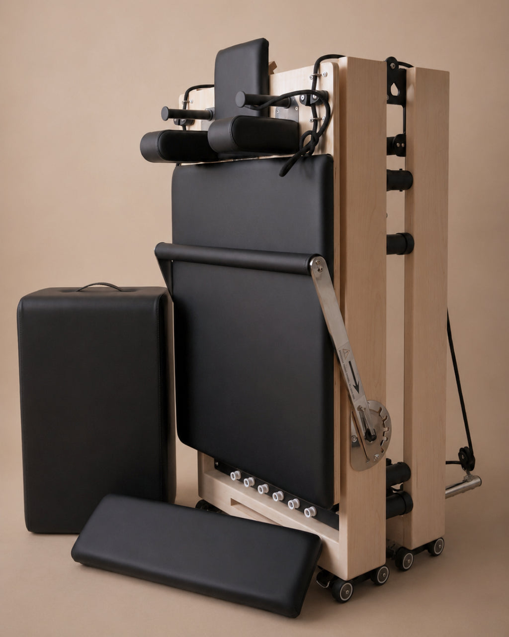 Reformer Pilates pliable pour la maison, structure en bois d'érable et cuir microfibre