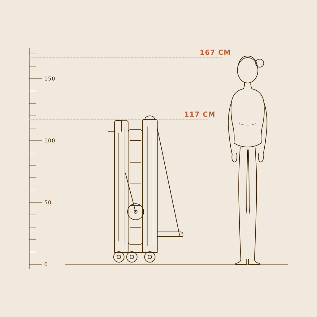 Folded foldable pilates reformer at 117 cm shown to scale next to a 167 cm tall person