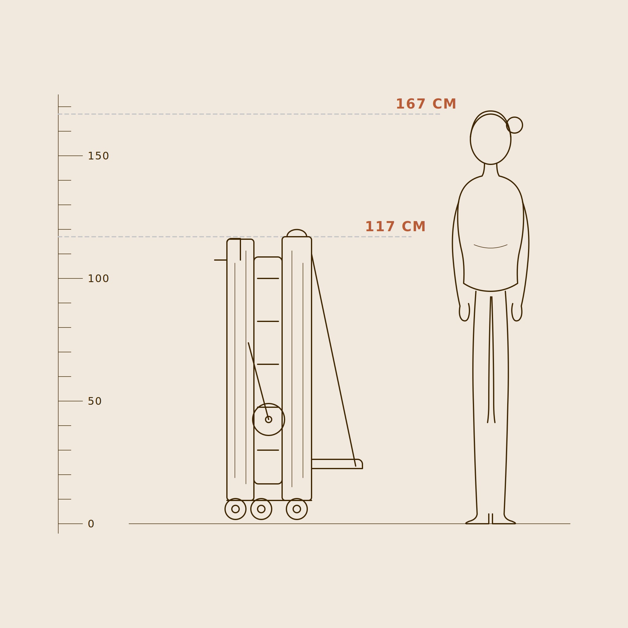 Folded foldable pilates reformer at 117 cm shown to scale next to a 167 cm tall person