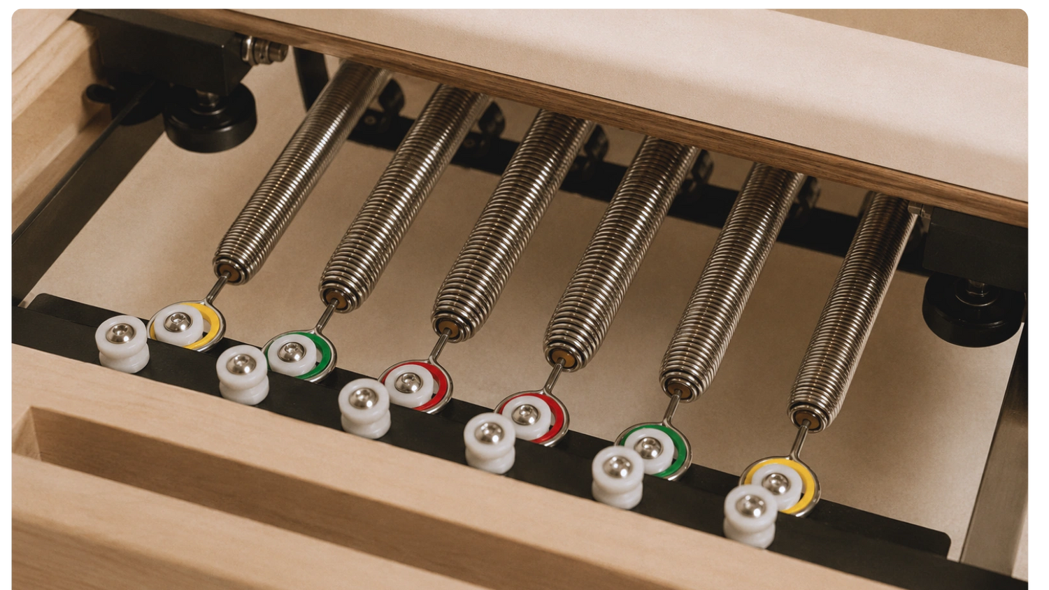 Close-up of a foldable pilates reformer  with springs and small colored weights on a wooden surface.